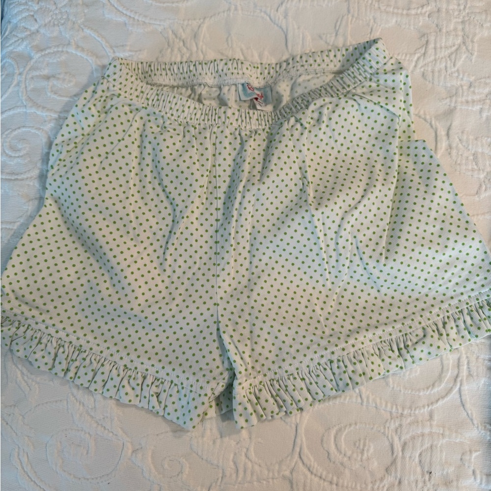 Red Beans white with green polkadot shorts. Adorable ruffle at bottom. Size 6.